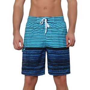Men's Color Block Stripes Pattern Drawstring Waist Swimwear Shorts Blue